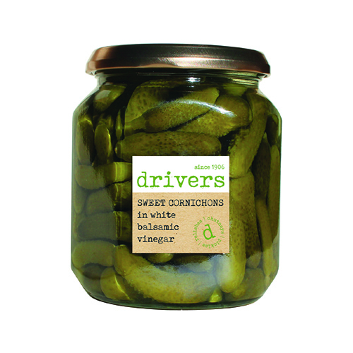 Drivers Sweet Cornichons in White Balsamic Vinegar 550g Farmers Fayre